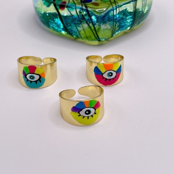 Boho Evil Eye Enamel and Copper Adjustable Ring #1300 PURPLE - Picture 4 of 14